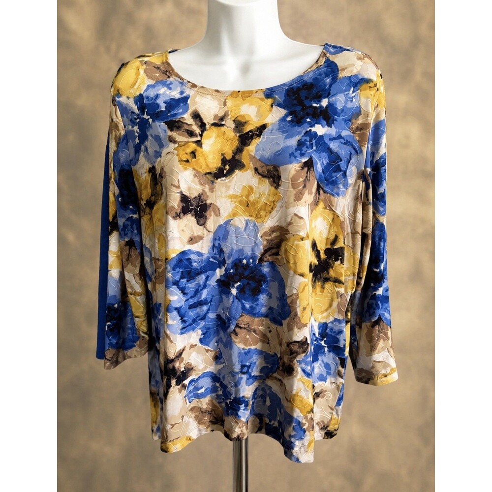 JM Collection Petite L Women’s Floral Blouse Blue Yellow 3/4 Sleeve Stretch